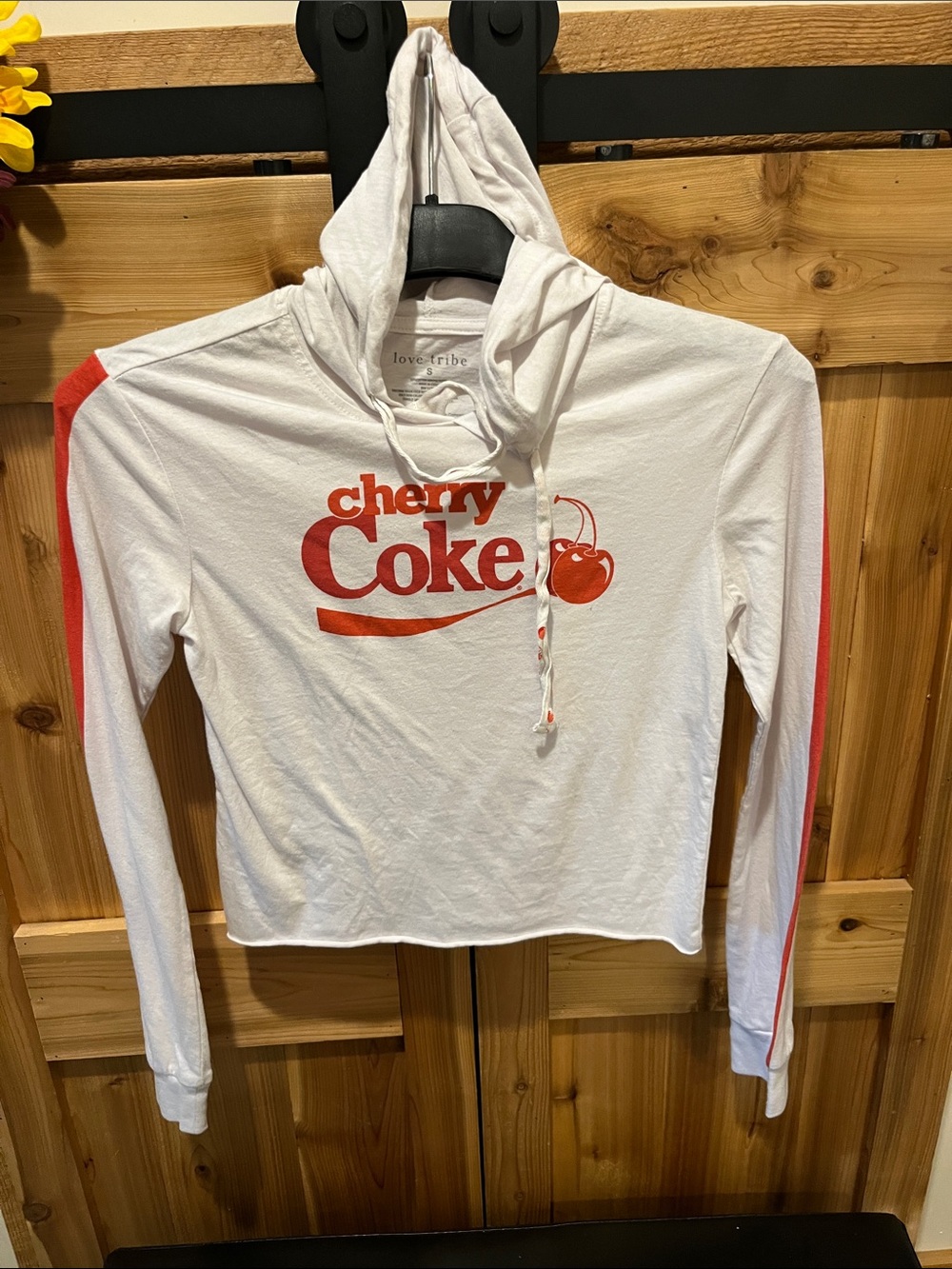 Love Tribe White Cropped Hoodie with Red Cherry Coke Logo and Stripe